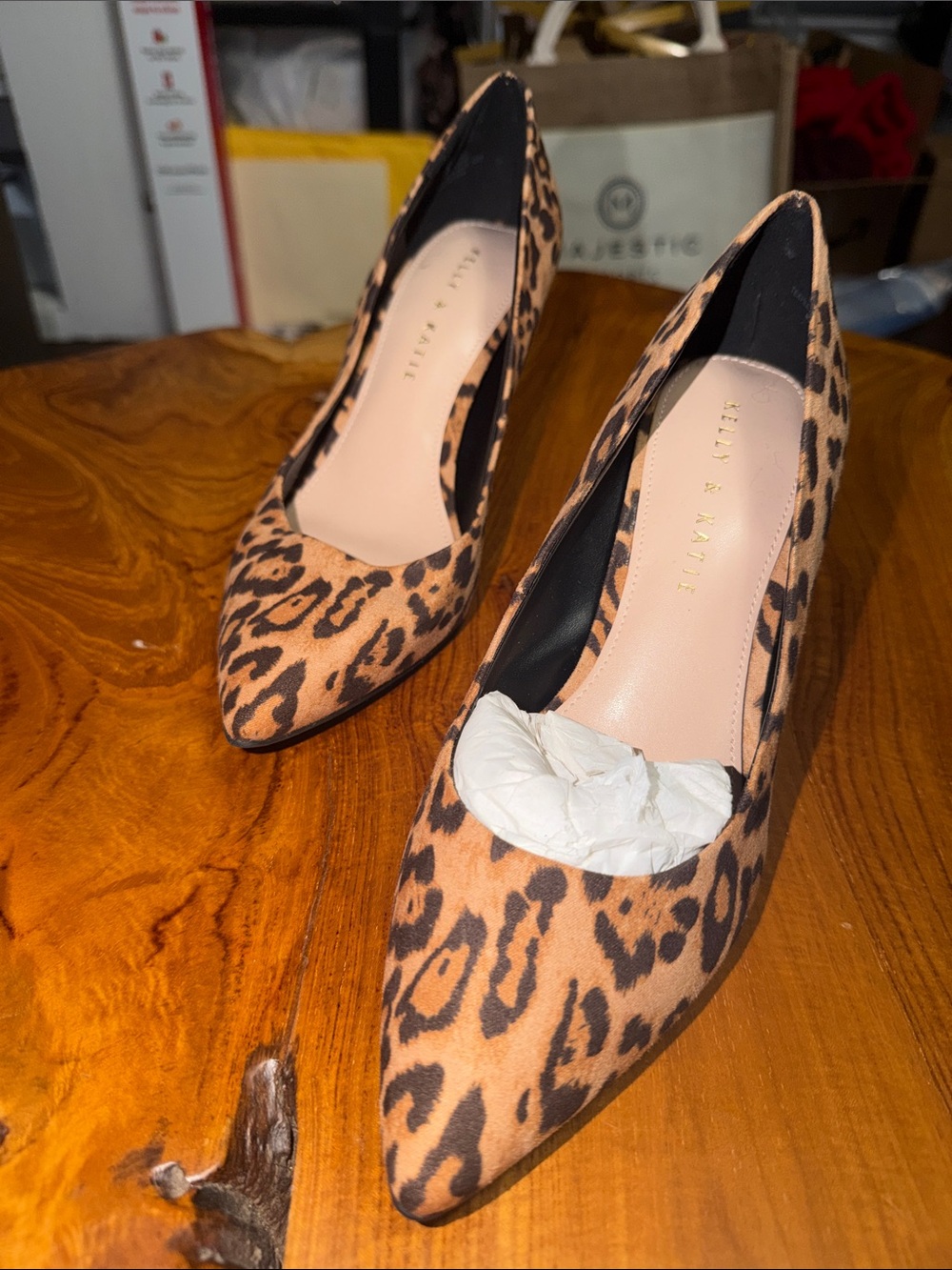 Kelly & Katie Leopard Print Pointed Toe Pumps in Tan and Black